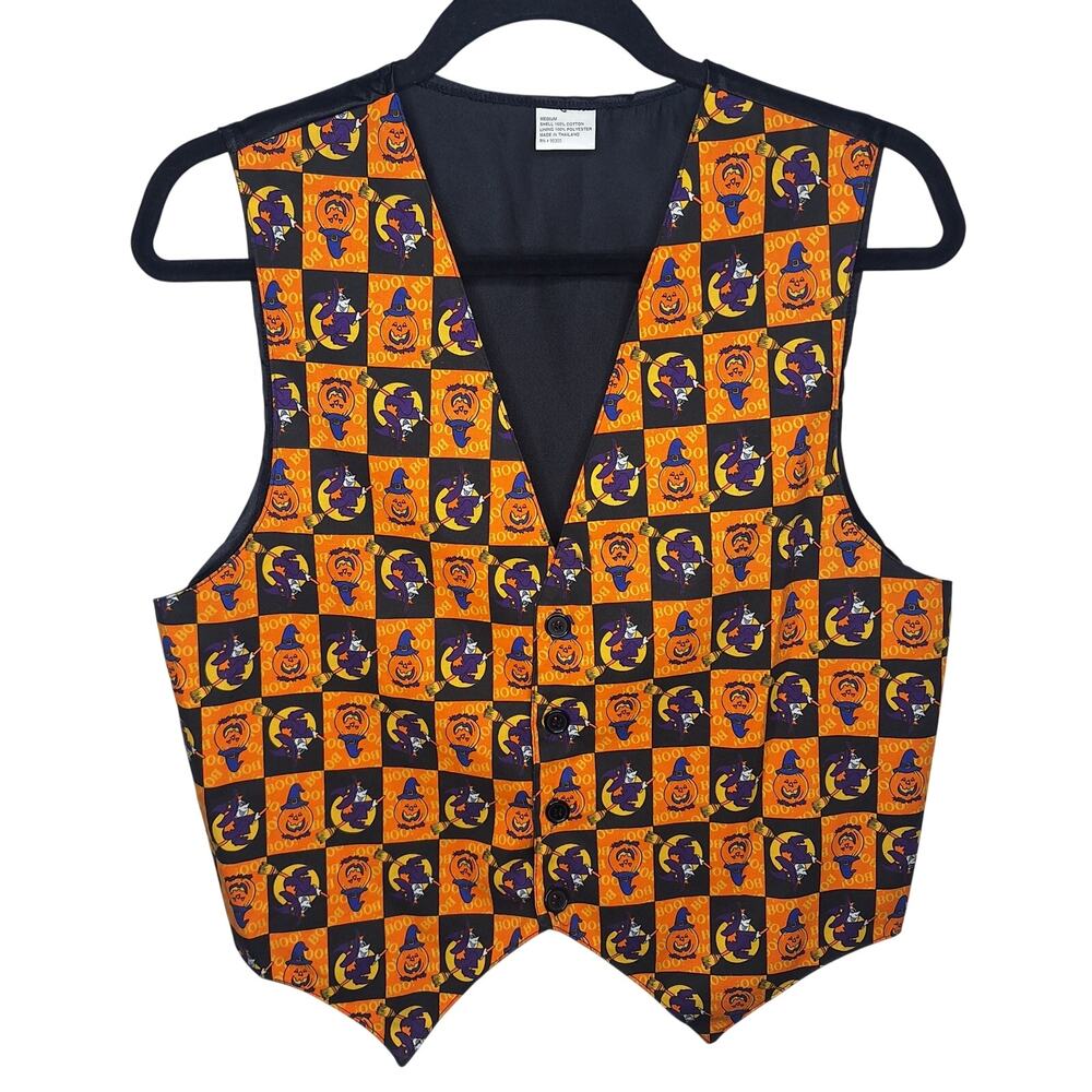 Vintage 90s Y2K Fall Halloween Vest Tie Back Medium Pumpkin Witch Jack-O-Lantern